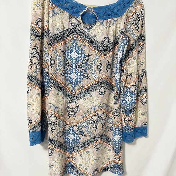 XHILARATION Blue Multi Pattern Peasant Lace Trim Dress with Bell Sleeves Size M - Picture 3 of 8